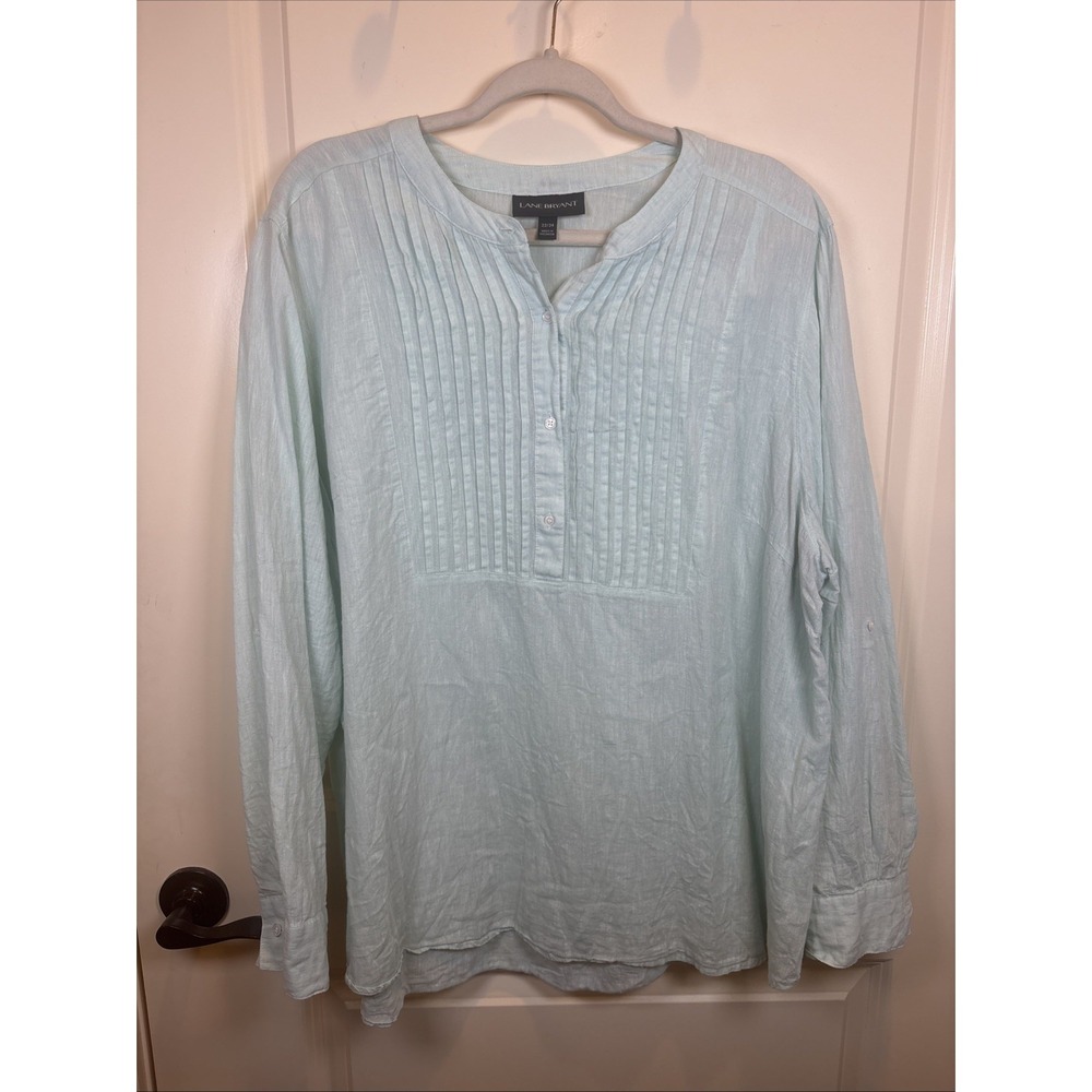 Lane Bryant 22/24 Linen Blend Popover Top Pinch Pleats Roll Tab Sleeves Mint